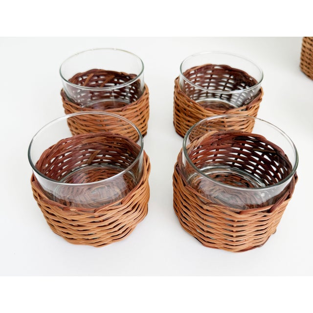 Rustic European Vintage Wicker & Glass Drink Set, Ice Bucket & 8 Glasses For Sale - Image 3 of 8