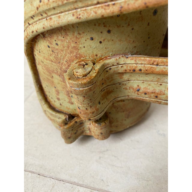 Olive 1970’s Vintage Brutalist Large Handmade Pottery Handled Vessel For Sale - Image 8 of 15