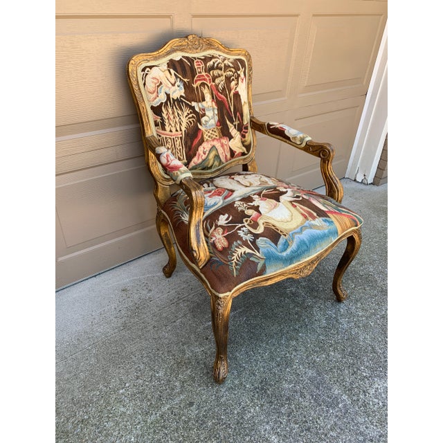 Late 20th Century French Provincial Louis XV Giltwood Fauteuil With Chinoiserie Tapestry Upholstery For Sale - Image 5 of 12