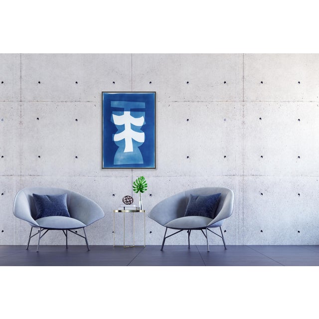 2025, Asian Totem, Geometric Figures Token in Blue and White, Handmade Cyanotype Monotype on Watercolor Paper by Kind of Cyan For Sale In Miami - Image 6 of 8