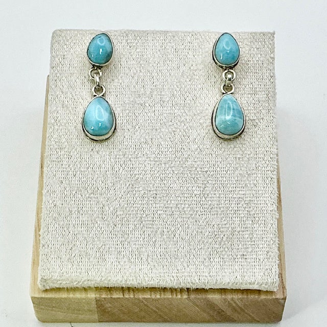 Metal 1970s Vintage Southwestern Boho Chic Blue Larimar & Sterling Drop Dangle Earrings - A Pair. For Sale - Image 7 of 11