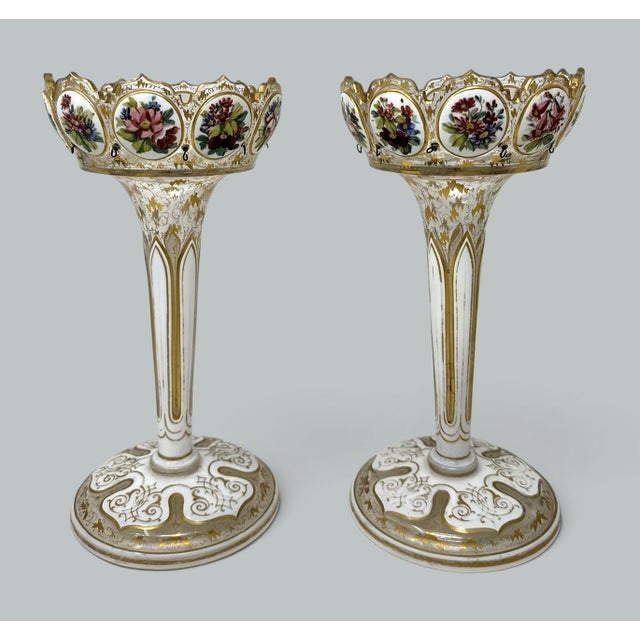 Antique Crystal Glass Bohemian Enamel Pair Overlaid Lusters Candlesticks 19thCt For Sale - Image 6 of 10