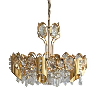 Hollywood Regency Brass & Crystal Glass Ceiling Lamp from Palwa For Sale