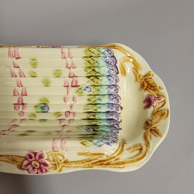 Ceramic Antique French Majolica Asparagus Serving Dish With Molded Cradle & Floral Rim, Circa 1900 For Sale - Image 7 of 10