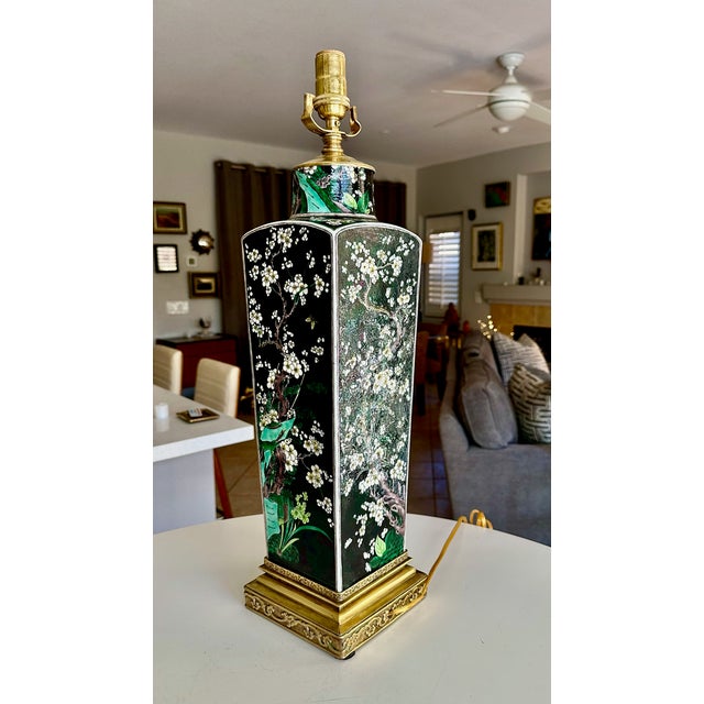 Antique Chinese Famille Noire Porcelain Square Vase Table Lamp For Sale - Image 4 of 15