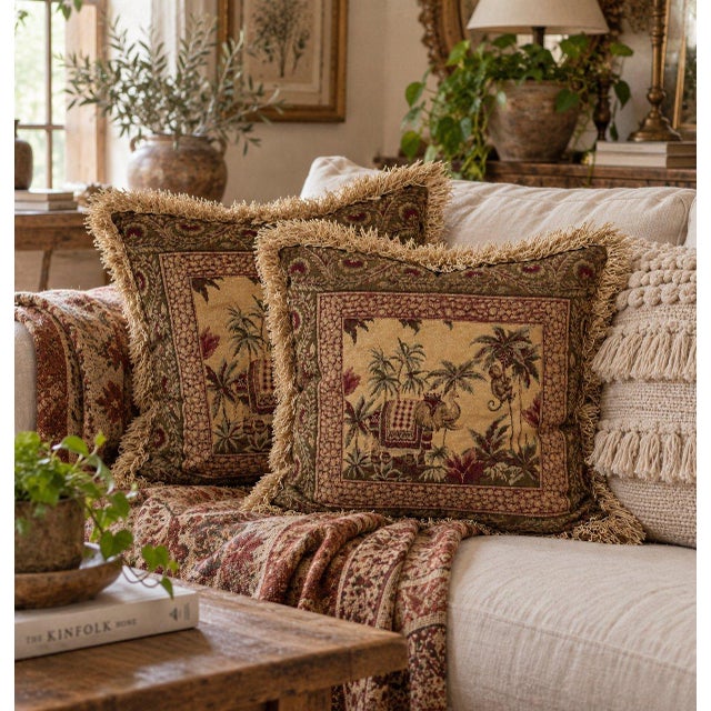 Pair Vintage Elephant & Monkey Jungle Tapestry Fringe Trim Throw Pillows For Sale - Image 4 of 4