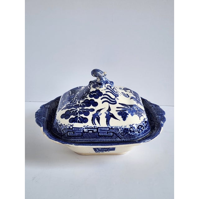 Chinoiserie Antique Staffordshire Blue Willow Serving Bowl For Sale - Image 3 of 12