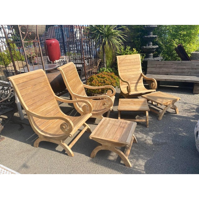 2020s Outdoor Coastal Transitional Teak Scroll Arm Chair & Ottoman For Sale - Image 5 of 6