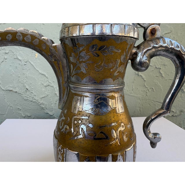Vintage Middle Eastern Brass & Silver Overlay Dallah Coffee Pot With Engraved Arabic Script – 10.5” For Sale - Image 9 of 12