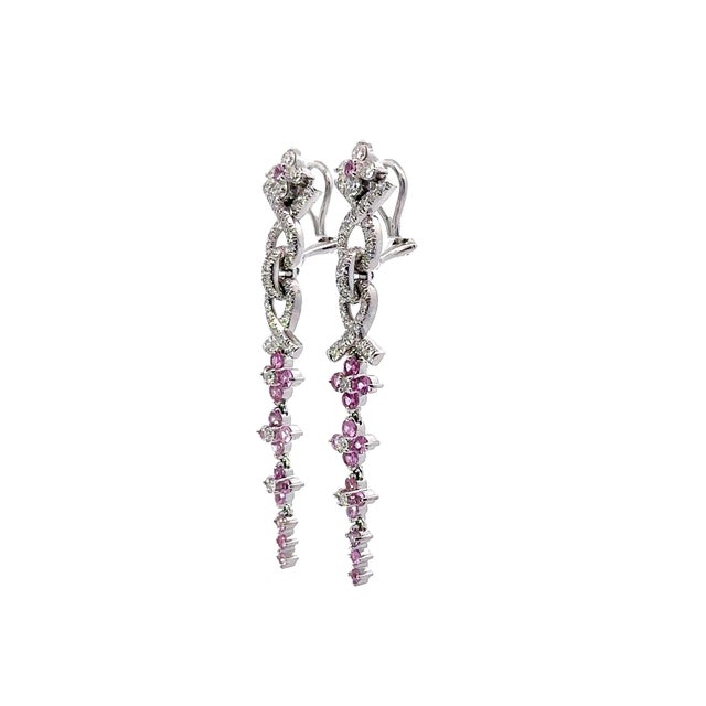 Early 21st Century Jean Vitau Pink Sapphire Diamond 18k White Gold Long Drop Clip Earrings- Set of 2 For Sale - Image 5 of 6