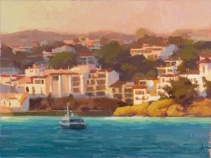 A Hora Májica by Judd Mercer | Gouache Painting of a coastal town with boats and buildings