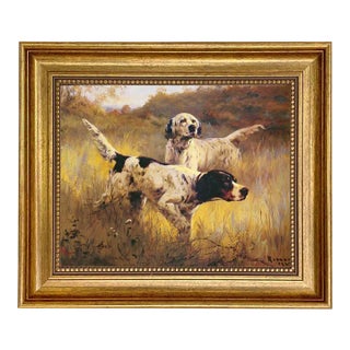 English Setters Print on Canvas in Antiqued Gold Frame- an 8" X 10" Framed to 11-1/2" X 13-1/2" For Sale