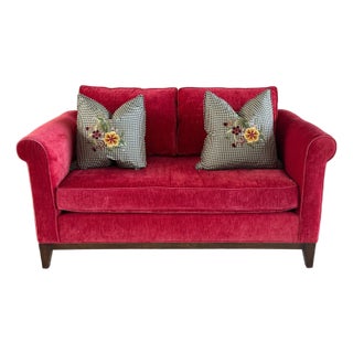 Kristin Drohan Collection Red Velvet Love Seat With Embroidered Down-Filled Throw Pillows For Sale