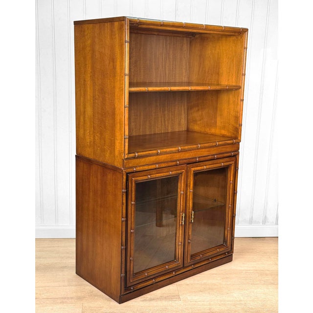 Chinoiserie Vintage Chinoiserie Coastal Faux Rattan Bookshelf Cabinet For Sale - Image 3 of 11