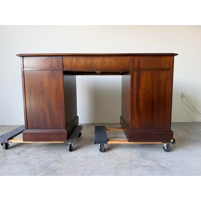 1970s Vintage Campaign Chippendale-Style Mahogany & Tooled Leather Top Partners Desk For Sale - Image 11 of 13