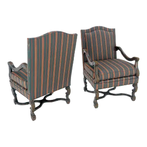 Carved Bases & Arms Striped Upholstery Fire Side Arm Lounge Chairs - A Pair