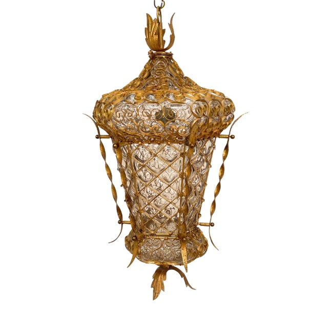 Mid-Century Venetian Mouth-Blown Glass Lantern in Gold Painted Metal Frame, 1940s For Sale - Image 17 of 18