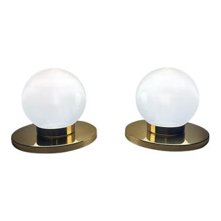 Vintage Pair of Italian Lamps With Brass Bases and Opal Glass Shades For Sale