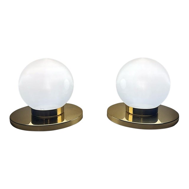 Vintage Pair of Italian Lamps With Brass Bases and Opal Glass Shades For Sale