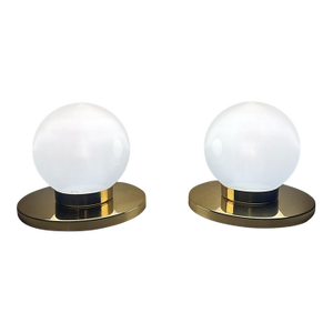 Vintage Pair of Italian Lamps With Brass Bases and Opal Glass Shades