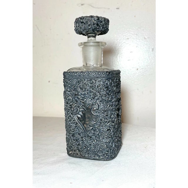 Victorian Antique Ornate Reticulated Perfume Cologne Metal Glass Silverplate Bottle Scent For Sale - Image 3 of 10