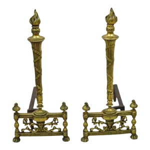 Antique French Empire Style Flame Finial Brass and Cast Iron Andirons - a Pair
