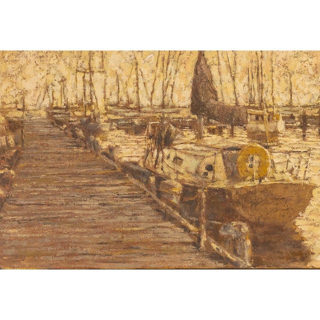 A beautifully textured original harbor painting by American artist William Tacke (1930–2025), depicting a tranquil marina...