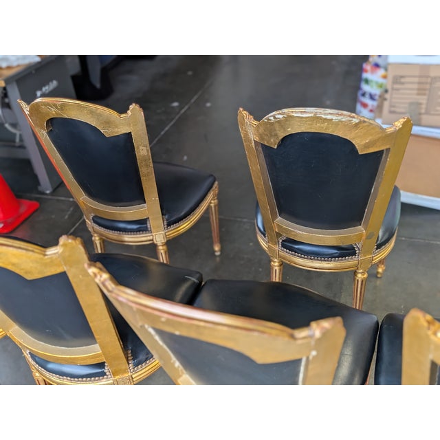 Set of 6 Antique 19th Century French Louis XVI Giltwood & Black Leather Dining Chairs For Sale - Image 11 of 13