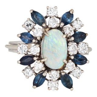 60s Opal Sapphire Diamond Ring 14k White Gold Estate Fine Cocktail Jewelry, Size 10.25 For Sale