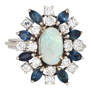 60s Opal Sapphire Diamond Ring 14k White Gold Estate Fine Cocktail Jewelry, Size 10.25