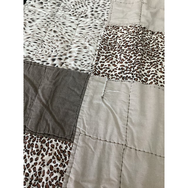 Tan Vintage Handmade Patchwork Quilt Blanket Black Tan With Leopard Animal Print Squares King For Sale - Image 8 of 12