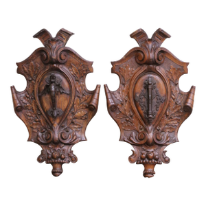 Pair of 18th Century French Carved Oak Hunting Plaques With Wrought Iron Handles