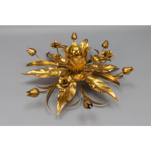 Metal Hollywood Regency Gilt Metal Flower Shaped Flush Mount, 1970s For Sale - Image 7 of 16