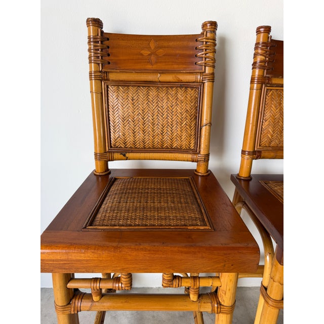 Brown Vintage Coastal Organic Bamboo & Rattan With Leather Wrapped Bar Stools - A Pair For Sale - Image 8 of 13
