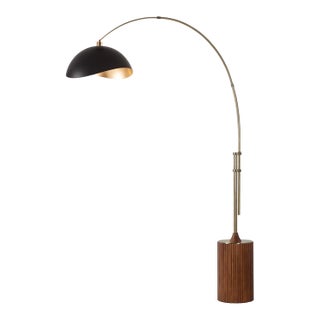 92-Inch Adjustable Brass Floor Lamp, 1980s - Tambo Mid-Century, Walnut Base, Black/Gold Shade For Sale