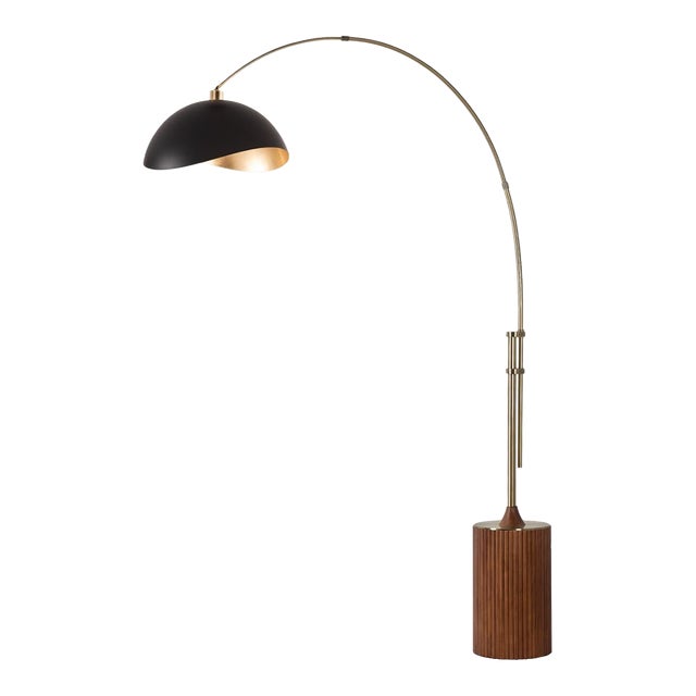 92-Inch Adjustable Brass Floor Lamp, 1980s - Tambo Mid-Century, Walnut Base, Black/Gold Shade For Sale