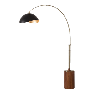 92-Inch Adjustable Brass Floor Lamp, 1980s - Tambo Mid-Century, Walnut Base, Black/Gold Shade