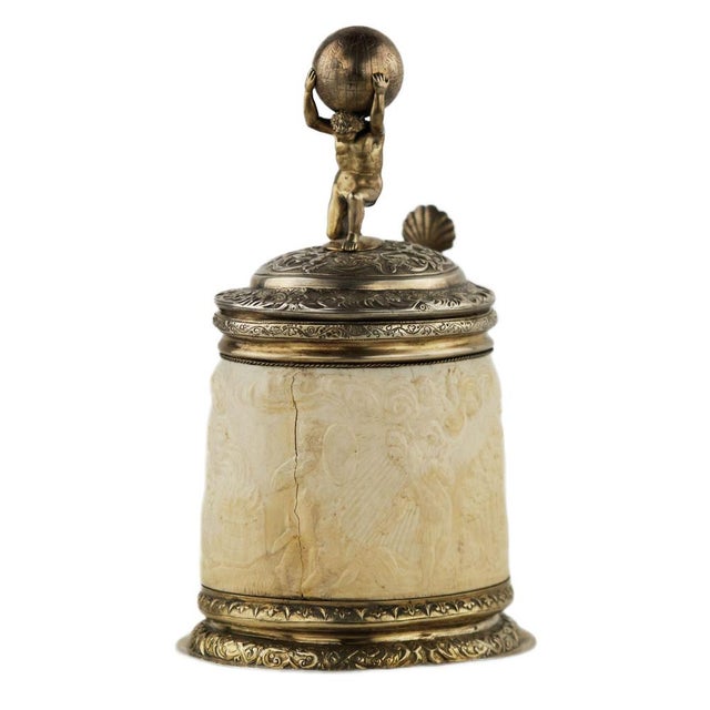 Silver Beer Tankard with Atlas and Carved Ivory Religious Scenes from Lübeck For Sale - Image 13 of 15