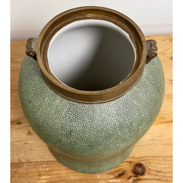 Tozai Home Brass Lidded Faux Shagreen Temple Jar For Sale - Image 9 of 11