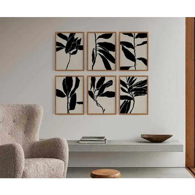 Set of 6 botanical illustration 11"x14" size. Open edition giclee prints by artist Anna Pepe. Elegant black leaves drawing...
