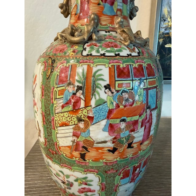 19th C. Chinese Famille Rose-Style Porcelain Vase With Figural Scenes and Gilt Handles For Sale - Image 9 of 17