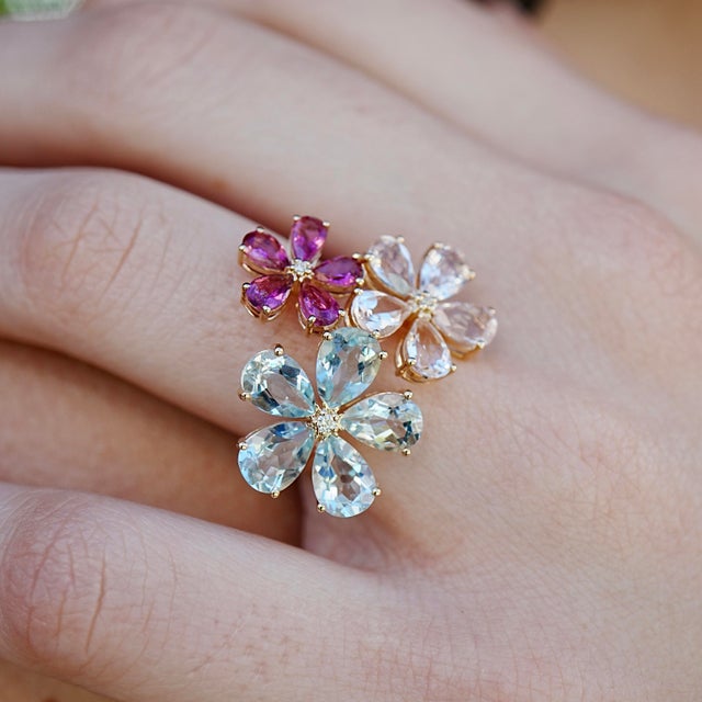 Nina Zhou 6.46ctw Aquamarine, Morganite, Pink Tourmaline & Diamond Flower Cocktail Ring (All Sizes Available) For Sale In Los Angeles - Image 6 of 8