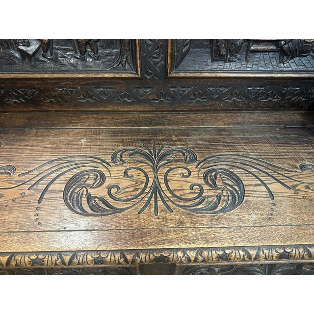 French Renaissance Revival Carved Oak Hall Monks Bench with Lion Masks, 1860s For Sale - Image 6 of 15