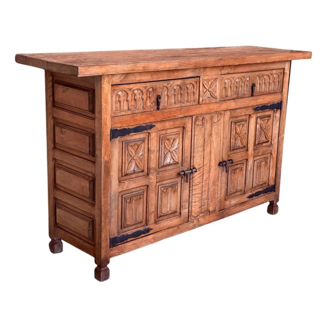 Late 19th Century Spanish Baroque Carved Walnut Tuscan Two Drawers Credenza or Buffet For Sale