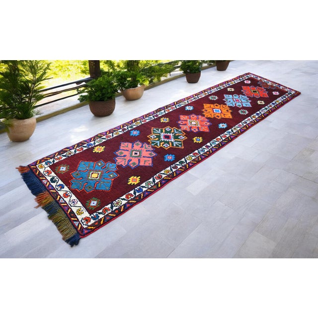 1980s Turkish Runner Rug. Hand-Knotted Tribal Deep Pink Color Hallway Rug, Kitchen Decor - 3′ × 12′ For Sale - Image 5 of 17