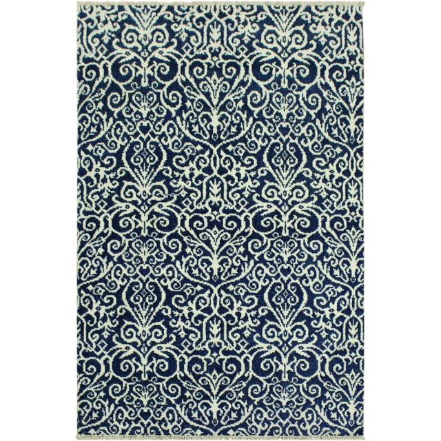 Blue 1990s Shabby Chic Modern Blue/Ivory Wool & Viscouse Rug - 4'2 X 6'4 For Sale - Image 8 of 8