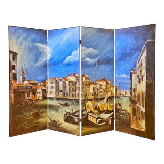 Vintage Hand-Painted Four-Panel “Port of Venice” Folding Screen For Sale