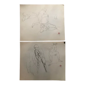 Gallery Wall Collection-2 Original Vintage Female Nude Charcoal Study Drawings1970’s- a Pair