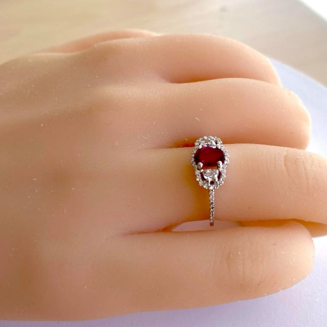 Oval Burma Ruby Half Moon Diamonds 2.20 Carat Eighteen Karat White Gold Ring Size 6 For Sale In New York - Image 6 of 10