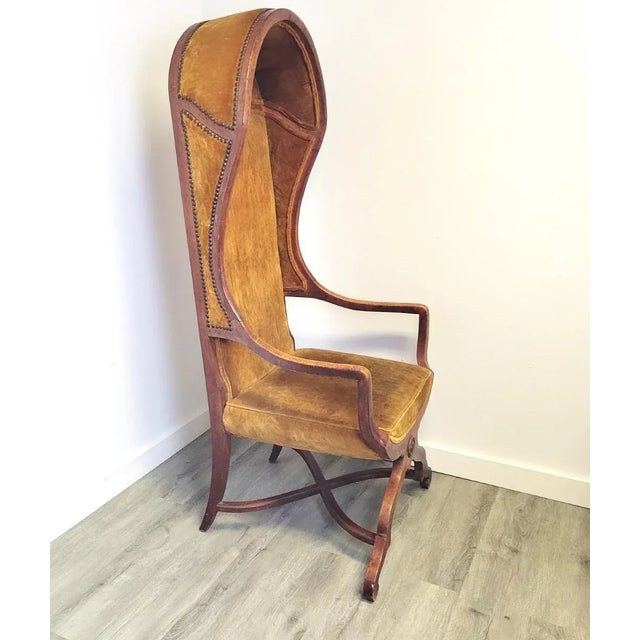 1970s French Revival Porter’s Canopy Chair in Fruitwood and Ochre Velvet For Sale - Image 4 of 11